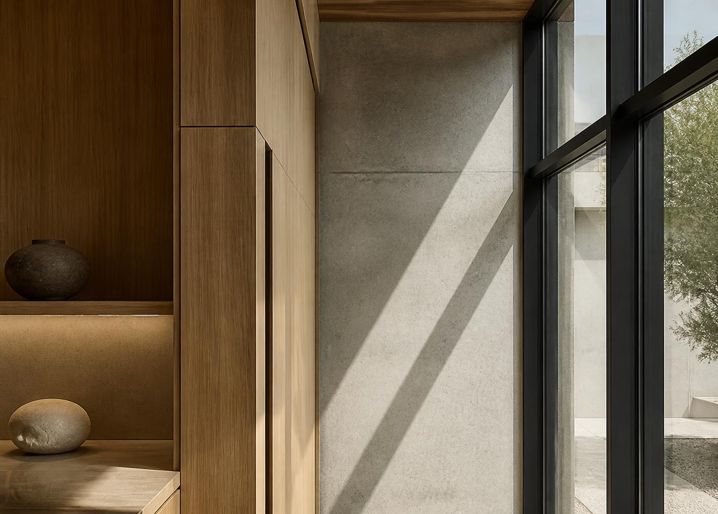 Architectural interior detail: white oak millwork meeting a honed concrete wall and blackened steel window frame in raking daylight